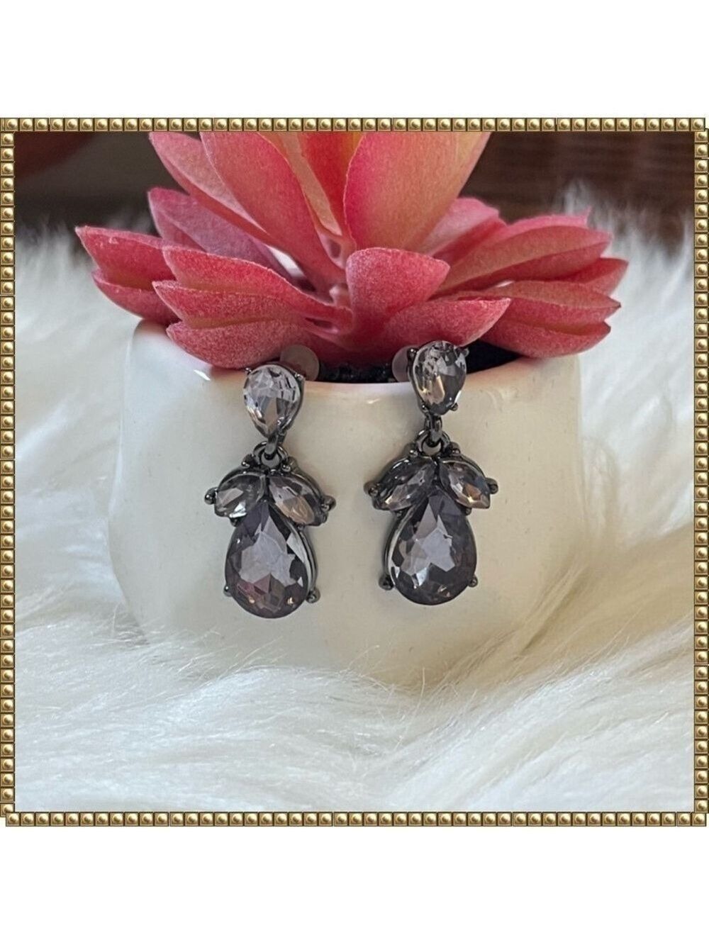 Black Purple Crystal Teardrop Dangle Earrings